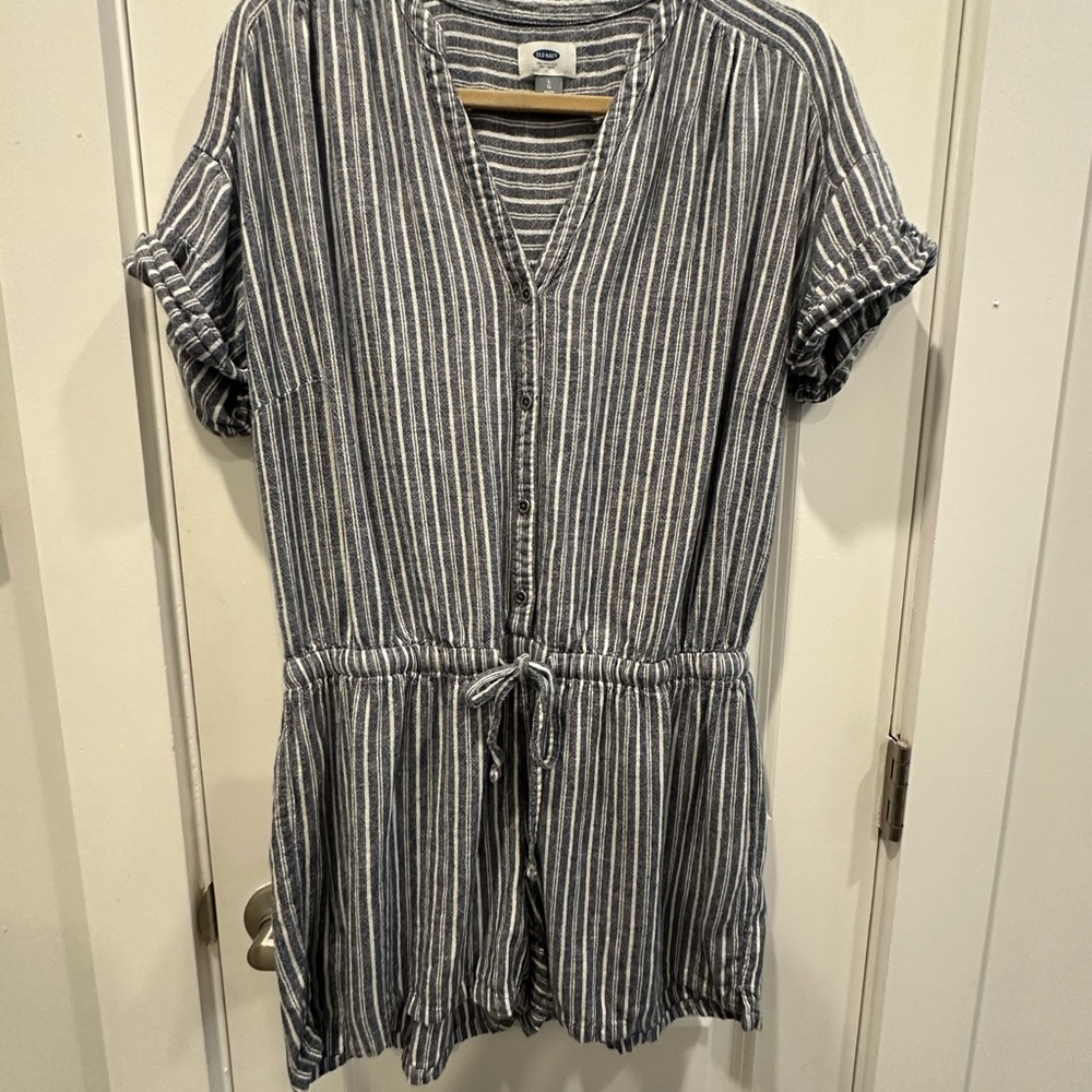 Old Navy White and Blue Relaxed Button Down Romper with Tie Front